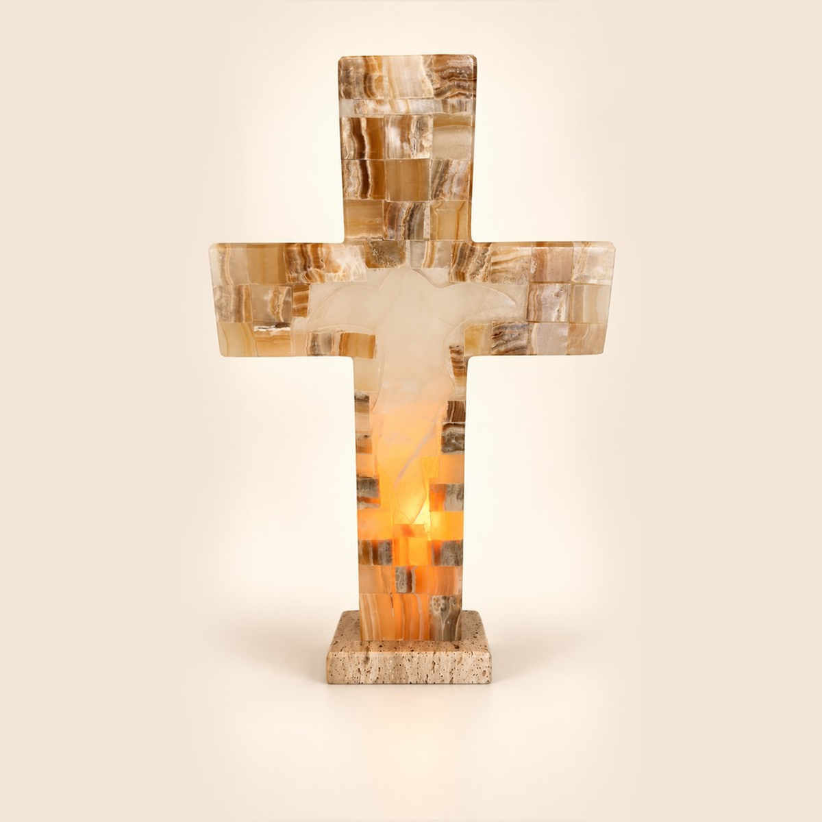 Lámpara con cruz de Jesucristo de mármol y ónix natural